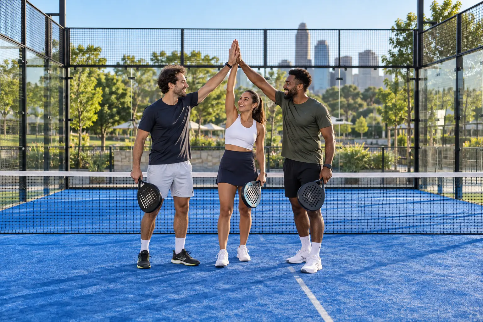 Friends celebrating a padel game · AI-generated illustrative imagery
